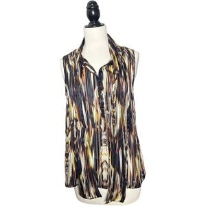 100% Silk Watercolor Sleeveless Attached Tie Half Button Semi-Sheer Blouse M